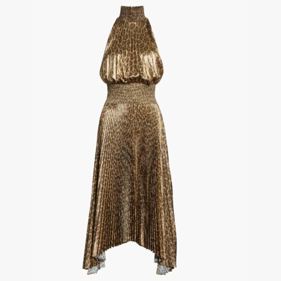 NWT A.L.C. Renzo Pleated Midi Dress Metallic Gold Sz 12 Leopard Print Mock Neck - Picture 2 of 9